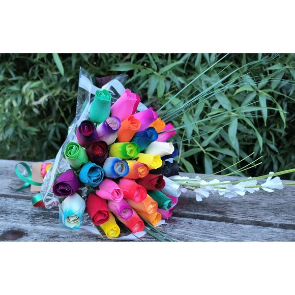 3 Dozen Vibrant Assorted Colors Flower Bouquet. The Original Wooden Rose. - Picture 5 of 8